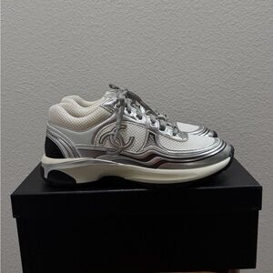 CHANEL Women's Silver and White Sneakers
